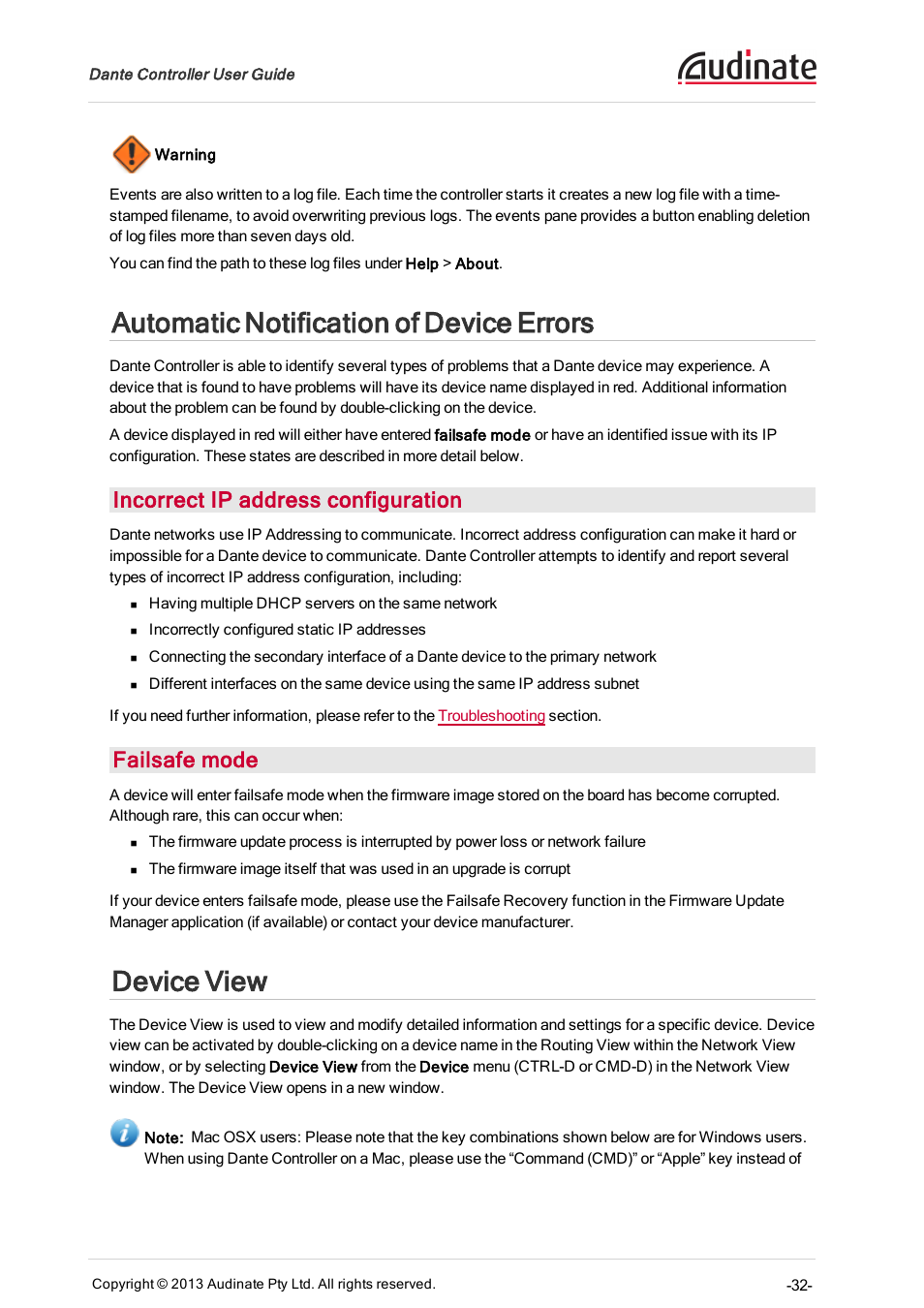 Automatic notification of device errors, Incorrect ip address configuration, Failsafe mode | Device view | Extron Electronics Dante Controller User Manual | Page 32 / 55