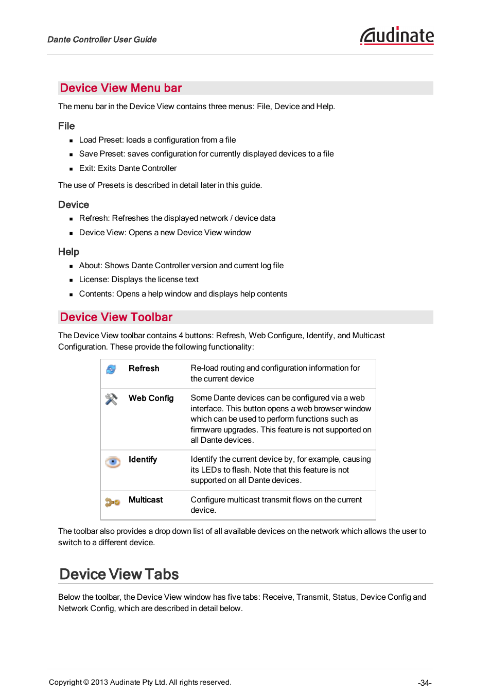 Device view menu bar, File, Device | Help, Device view toolbar, Device view tabs | Extron Electronics Dante Controller User Manual | Page 34 / 55