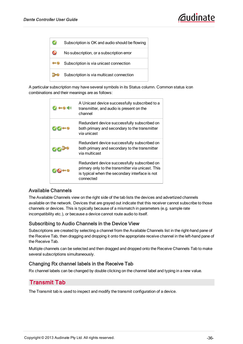 Available channels, Subscribing to audio channels in the device view, Changing rx channel labels in the receive tab | Transmit tab | Extron Electronics Dante Controller User Manual | Page 36 / 55