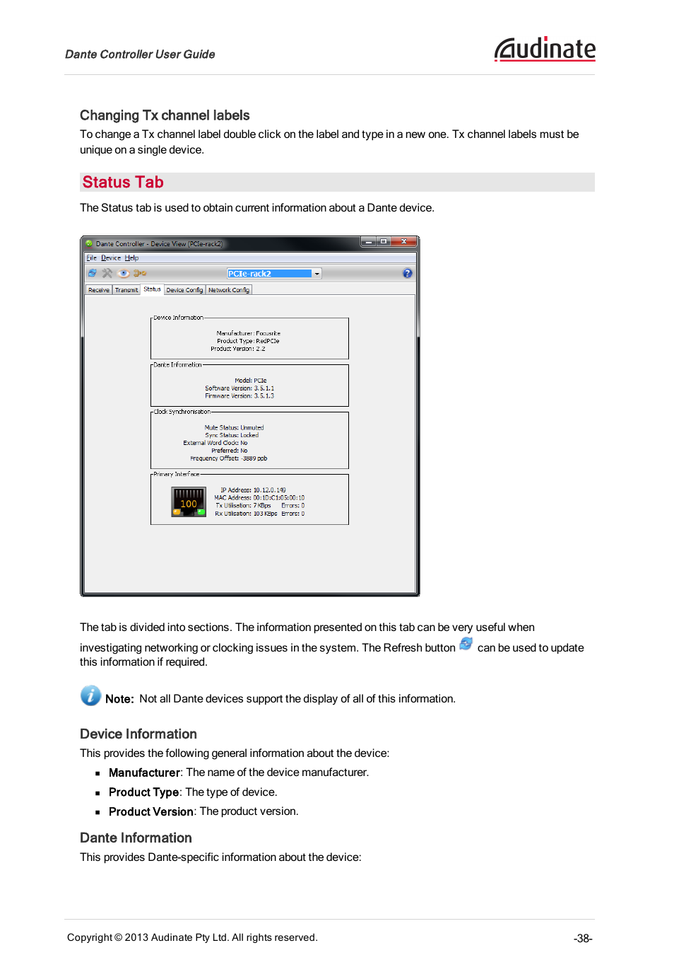 Changing tx channel labels, Status tab, Device information | Dante information, Mute status, Device view > status tab | Extron Electronics Dante Controller User Manual | Page 38 / 55