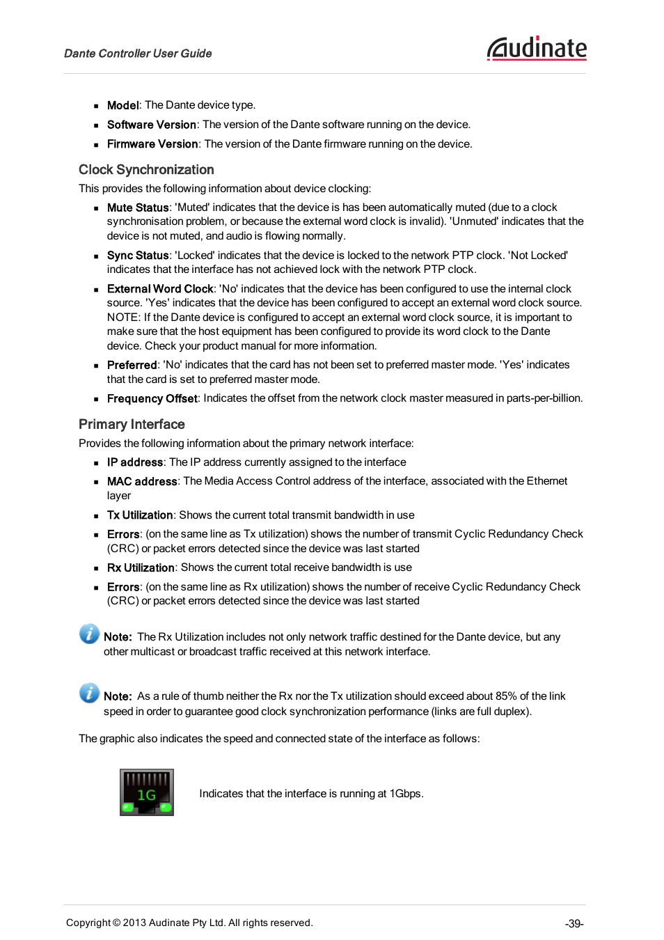 Clock synchronization, Primary interface | Extron Electronics Dante Controller User Manual | Page 39 / 55