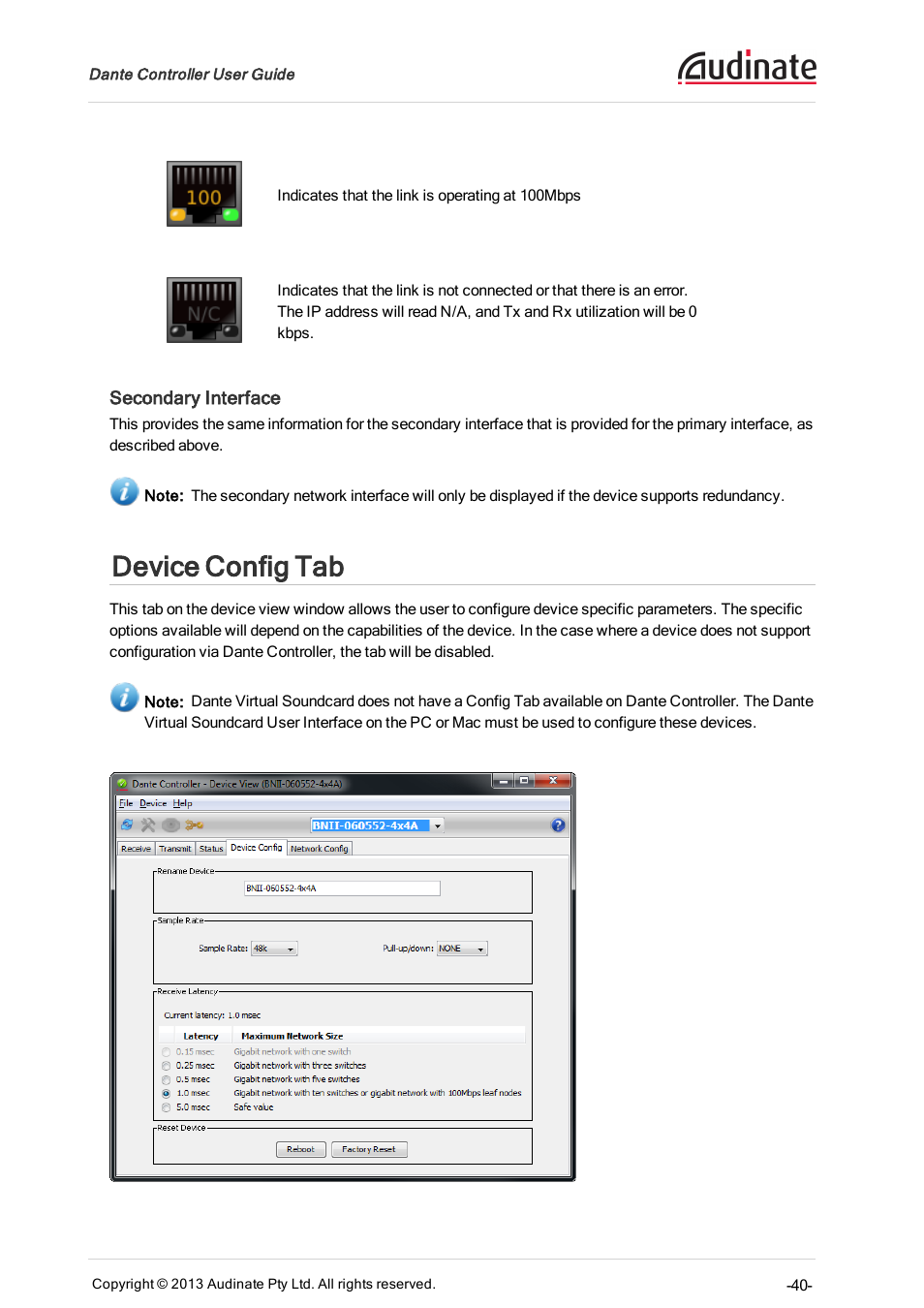 Secondary interface, Device config tab, Clear config | Extron Electronics Dante Controller User Manual | Page 40 / 55