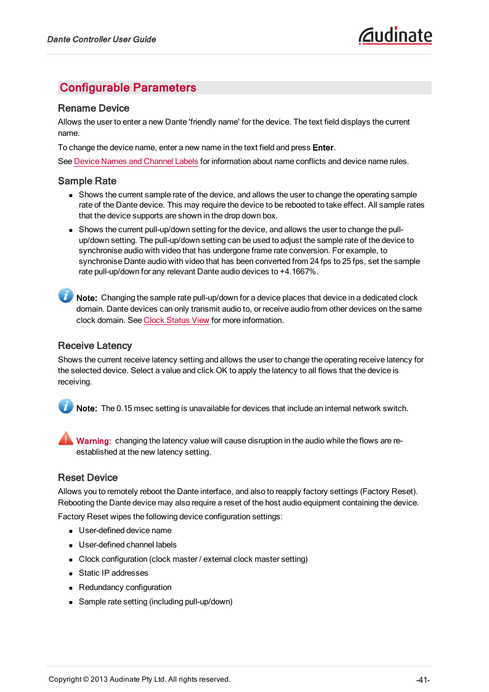 Configurable parameters, Rename device, Sample rate | Receive latency, Reset device | Extron Electronics Dante Controller User Manual | Page 41 / 55