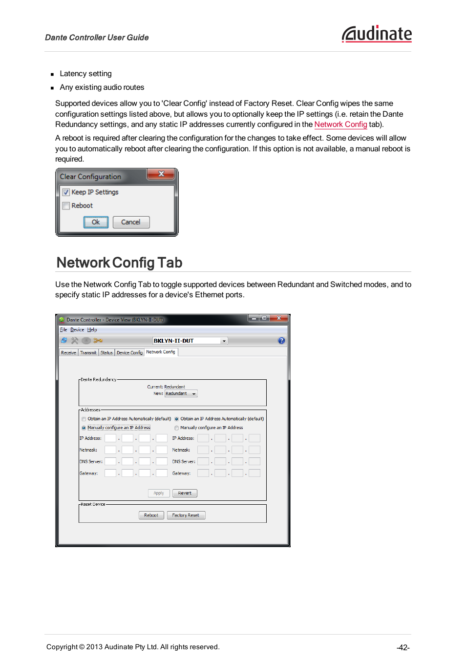 Network config tab, Switch configuration | Extron Electronics Dante Controller User Manual | Page 42 / 55