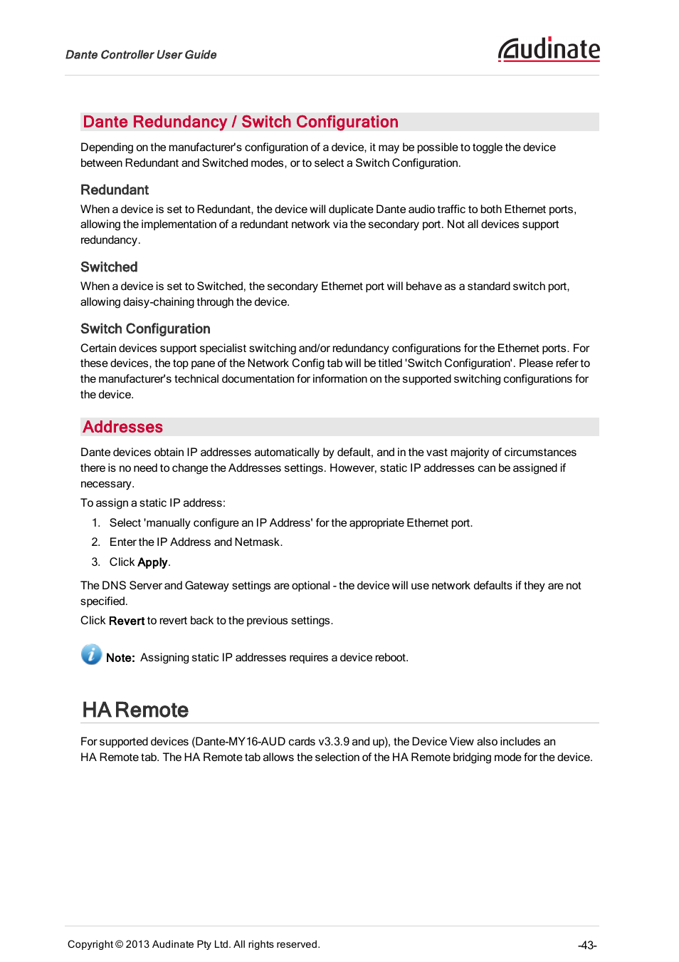 Dante redundancy / switch configuration, Redundant, Switched | Switch configuration, Addresses, Ha remote | Extron Electronics Dante Controller User Manual | Page 43 / 55