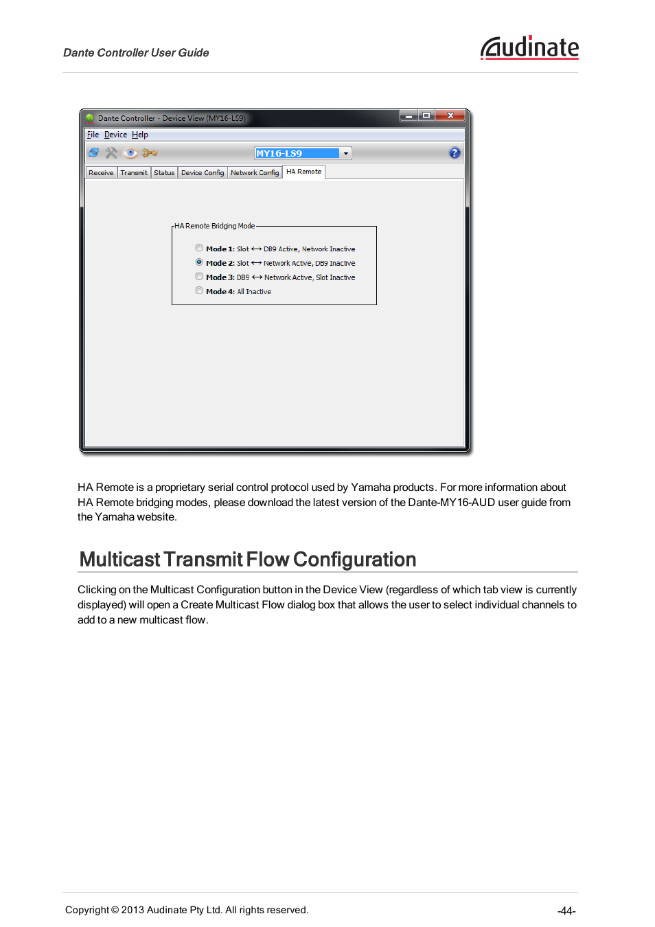 Multicast transmit flow configuration | Extron Electronics Dante Controller User Manual | Page 44 / 55