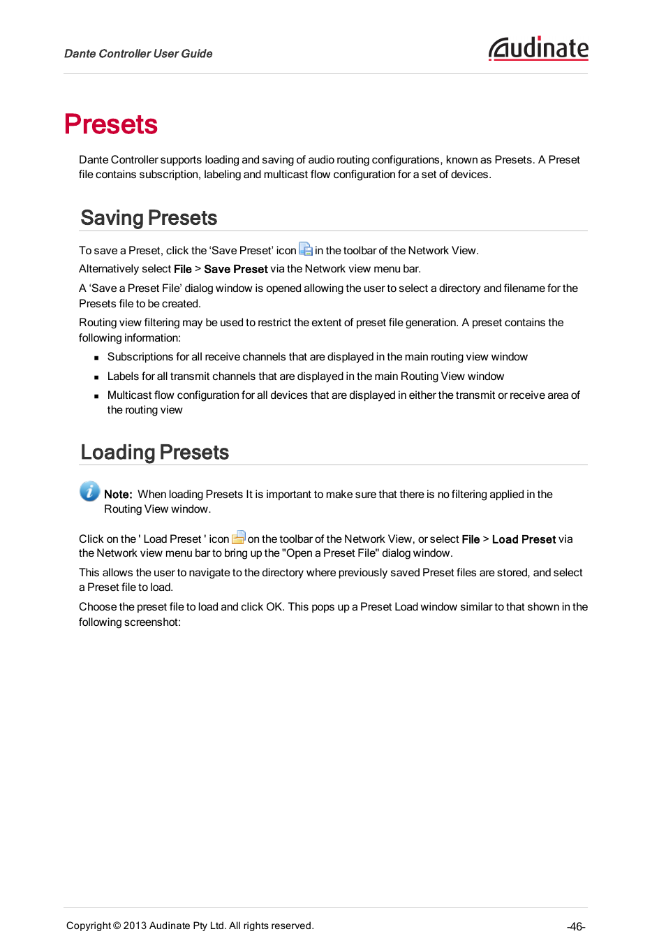 Presets, Saving presets, Loading presets | Extron Electronics Dante Controller User Manual | Page 46 / 55