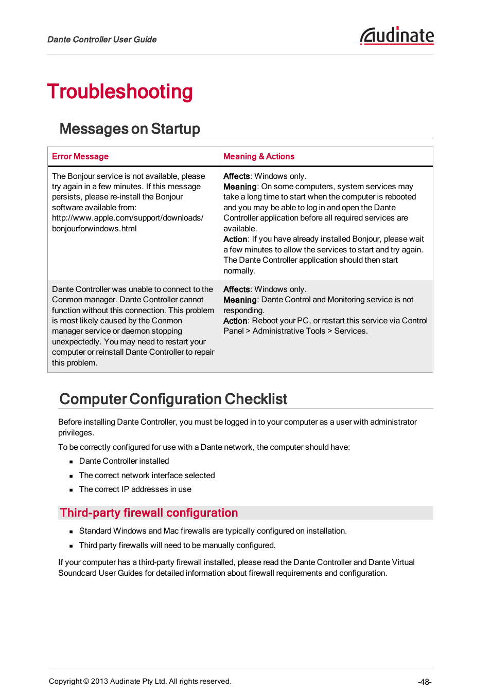 Troubleshooting, Messages on startup, Computer configuration checklist | Third-party firewall configuration | Extron Electronics Dante Controller User Manual | Page 48 / 55