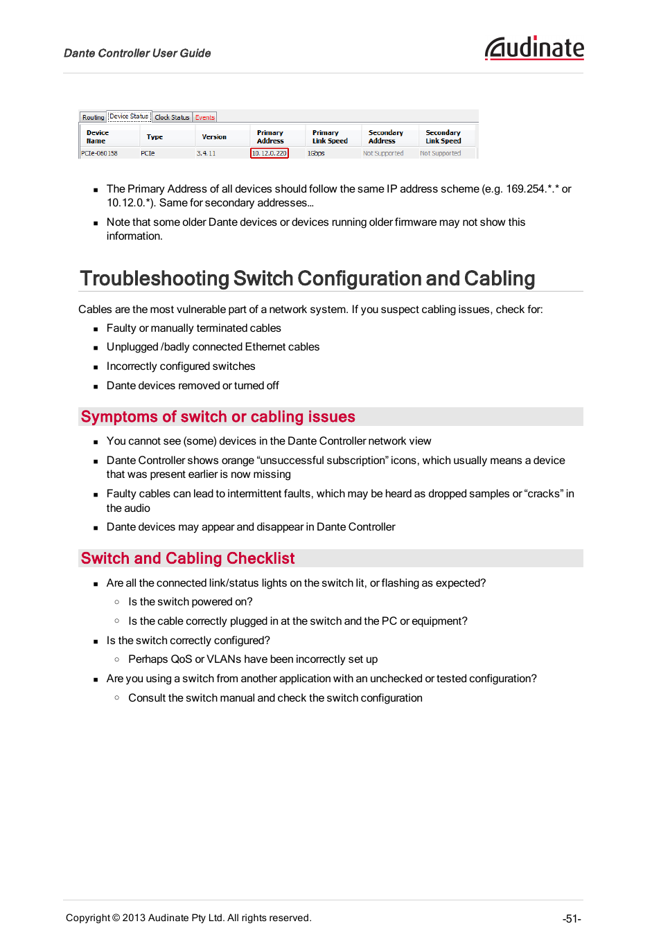 Troubleshooting switch configuration and cabling, Symptoms of switch or cabling issues, Switch and cabling checklist | Extron Electronics Dante Controller User Manual | Page 51 / 55