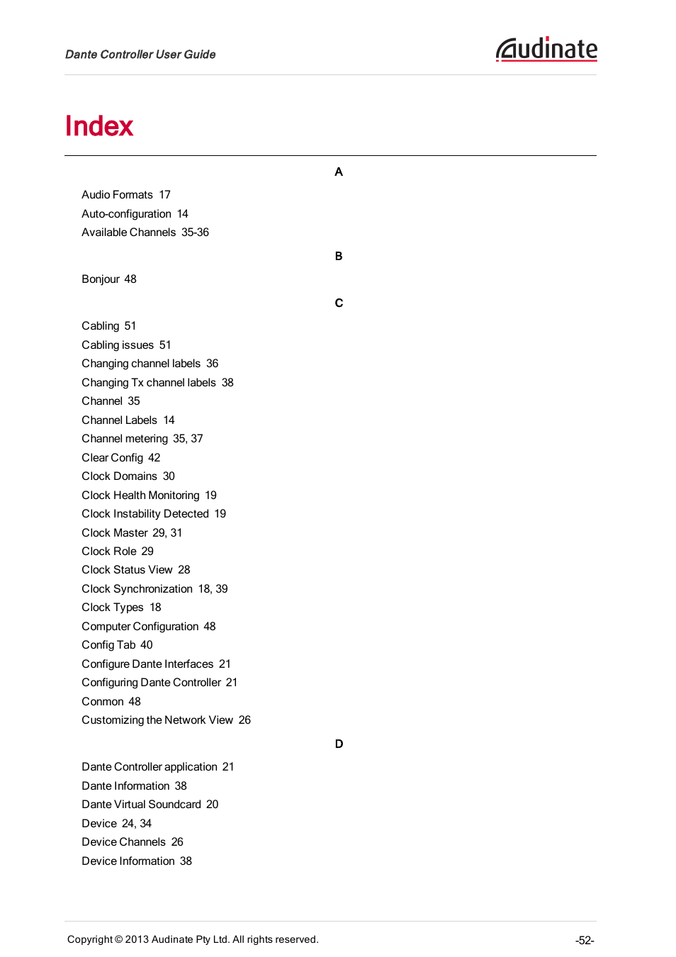 Index | Extron Electronics Dante Controller User Manual | Page 52 / 55