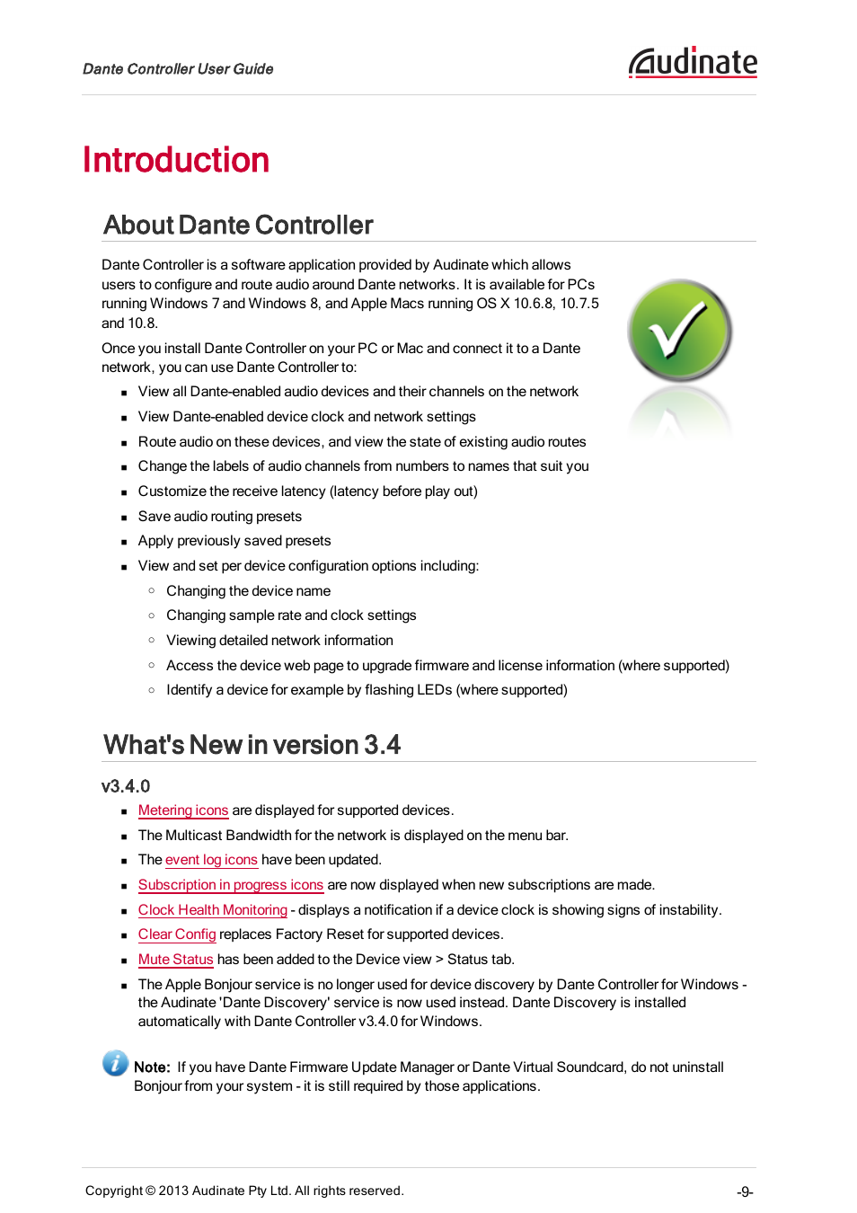 Introduction, About dante controller, What's new in version 3.4 | V3.4.0 | Extron Electronics Dante Controller User Manual | Page 9 / 55