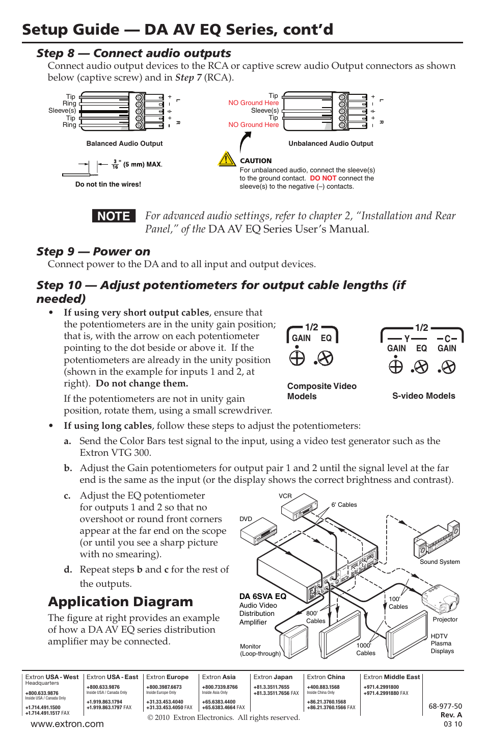 Setup guide — da av eq series, cont’d, Application diagram, Step 8 — connect audio outputs | Step 9 — power on, Yc 1/2, Eq gain, Gain eq gain, Composite video models s-video models | Extron Electronics DA AV EQ Series User Manual | Page 2 / 2