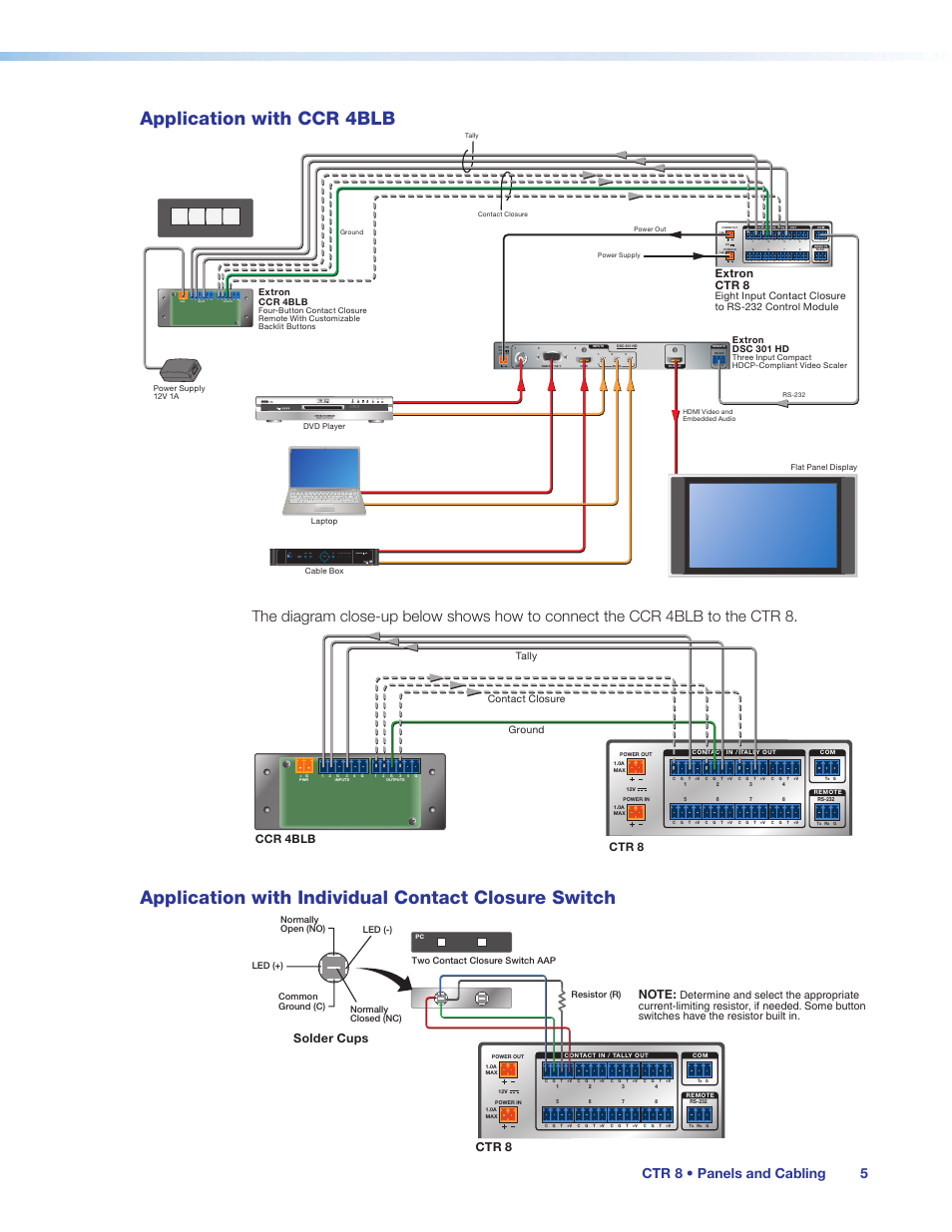 Application with ccr 4blb, Application with individual contact closure switch, Ctr 8 • panels and cabling 5 | Push, Solder cups, Ctr 8, Extron ctr 8, Contact closure aap solder cups, Ctr 8 ccr 4blb, Tally contact closure ground | Extron Electronics CTR 8 User Guide User Manual | Page 10 / 21