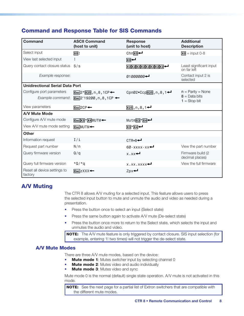 Command and response table for sis commands, A/v muting, A/v mute modes | Command and response table for sis, Commands | Extron Electronics CTR 8 User Guide User Manual | Page 13 / 21