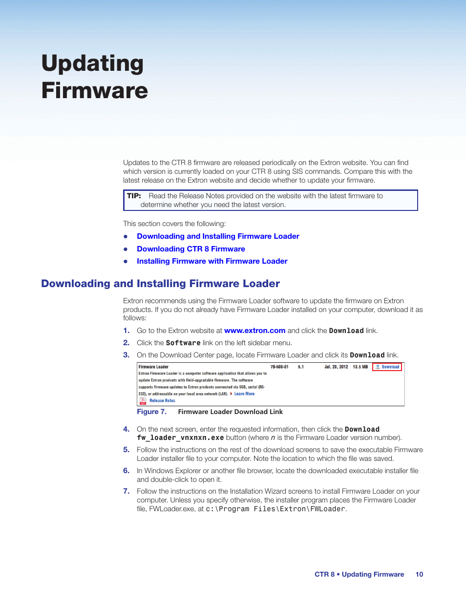 Updating firmware, Downloading and installing firmware loader | Extron Electronics CTR 8 User Guide User Manual | Page 15 / 21