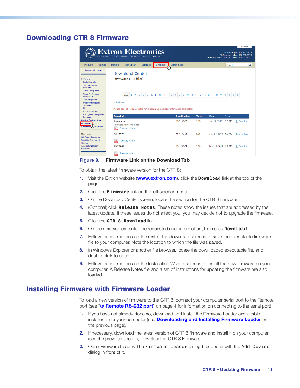 Downloading ctr 8 firmware, Installing firmware with firmware loader | Extron Electronics CTR 8 User Guide User Manual | Page 16 / 21