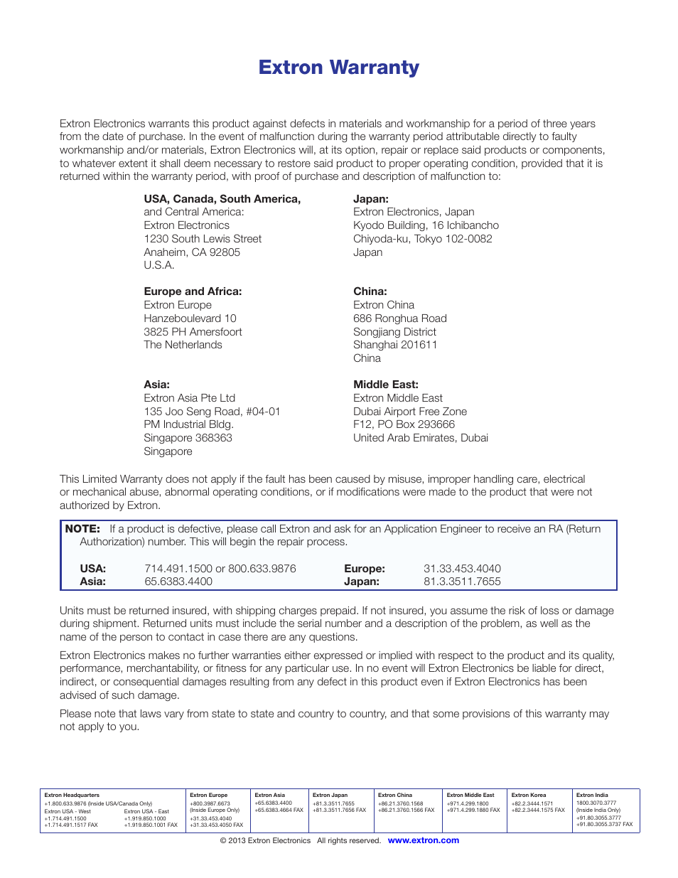 Extron warranty | Extron Electronics CTR 8 User Guide User Manual | Page 21 / 21