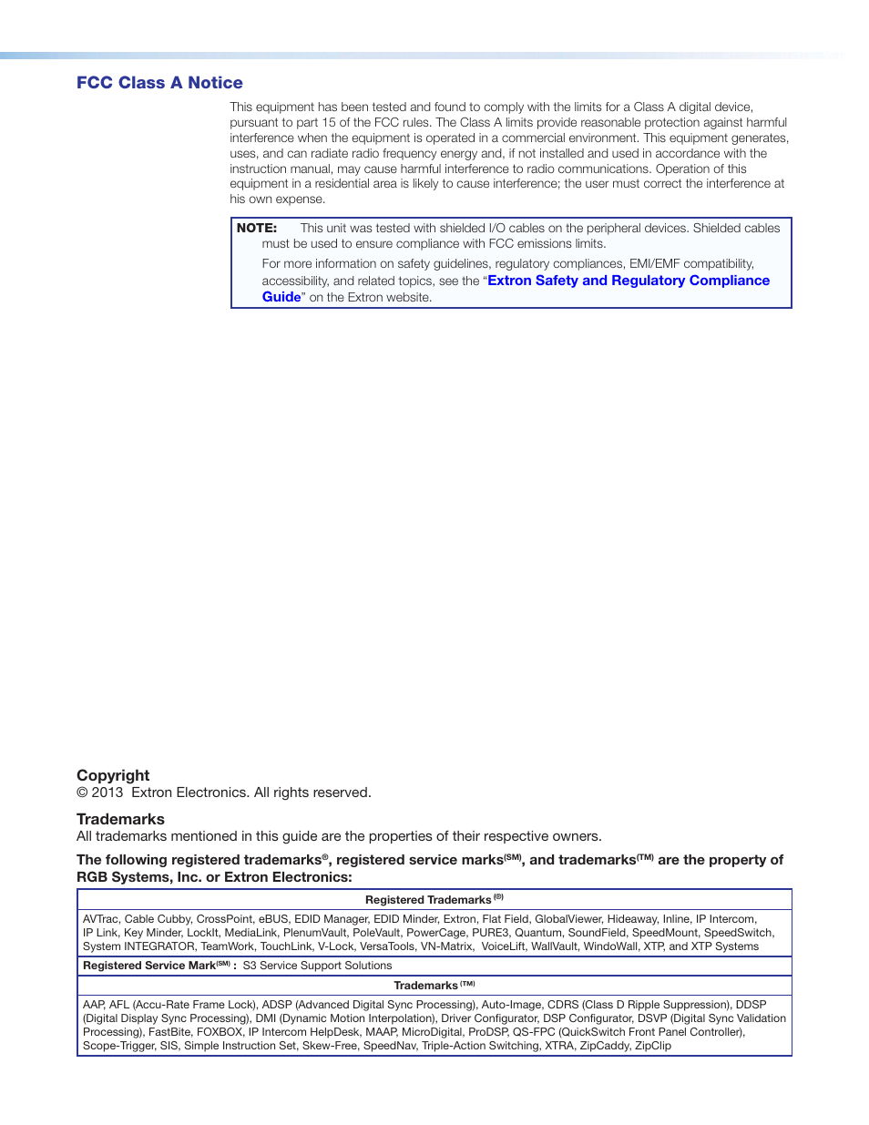 Fcc class a notice, Copyright, Trademarks | Extron Electronics CTR 8 User Guide User Manual | Page 3 / 21