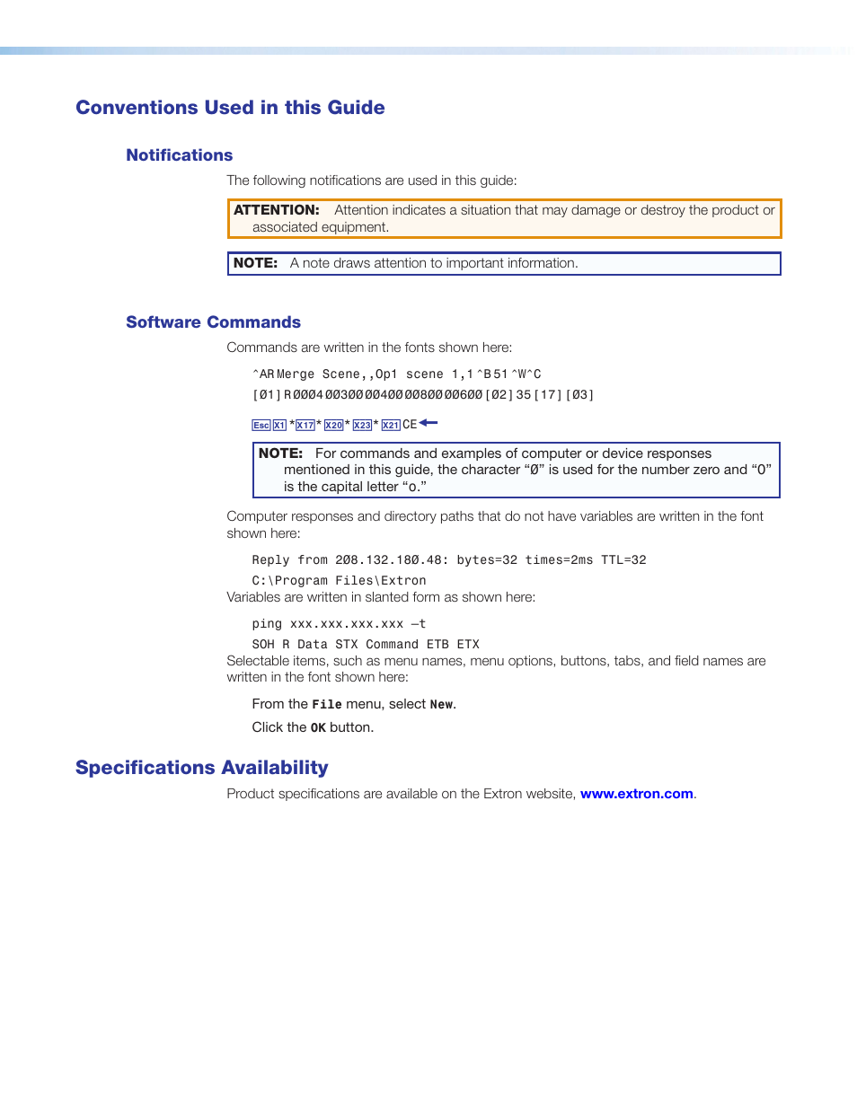 Conventions used, Specifications availability, Conventions used in this guide | Extron Electronics CTR 8 User Guide User Manual | Page 4 / 21