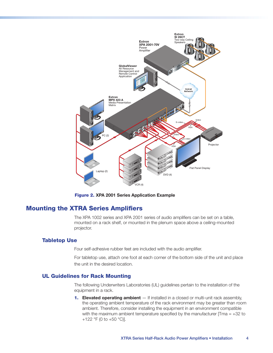 Mounting the xtra series amplifiers, Tabletop use, Ul guidelines for rack mounting | Tabletop use ul guidelines for rack mounting, Mounting the xtra series amplifier | Extron Electronics XTRA Series User Manual | Page 10 / 28