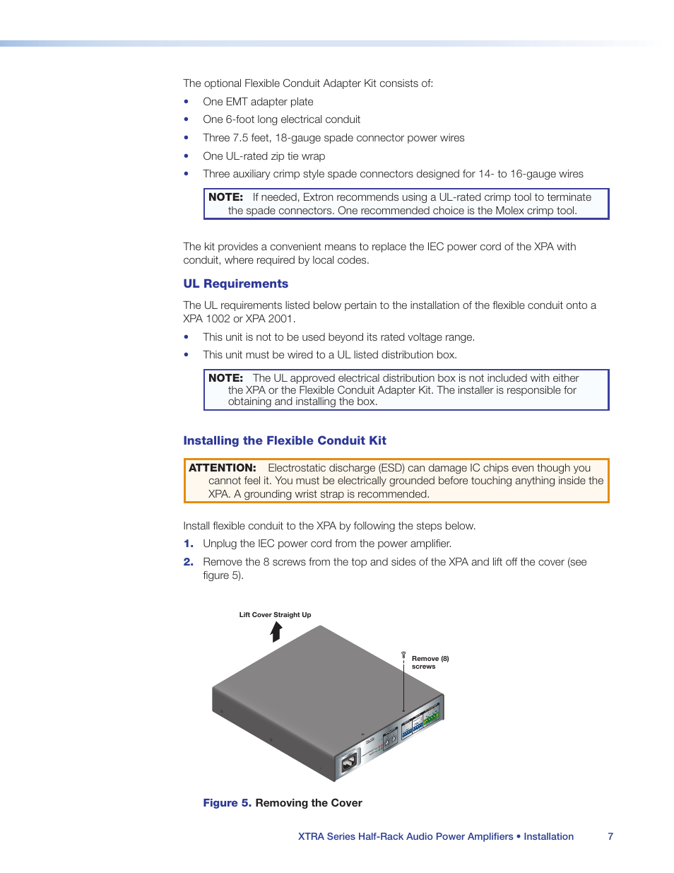Ul requirements, Installing the flexible conduit kit, Figure 5. removing the cover | Extron Electronics XTRA Series User Manual | Page 13 / 28