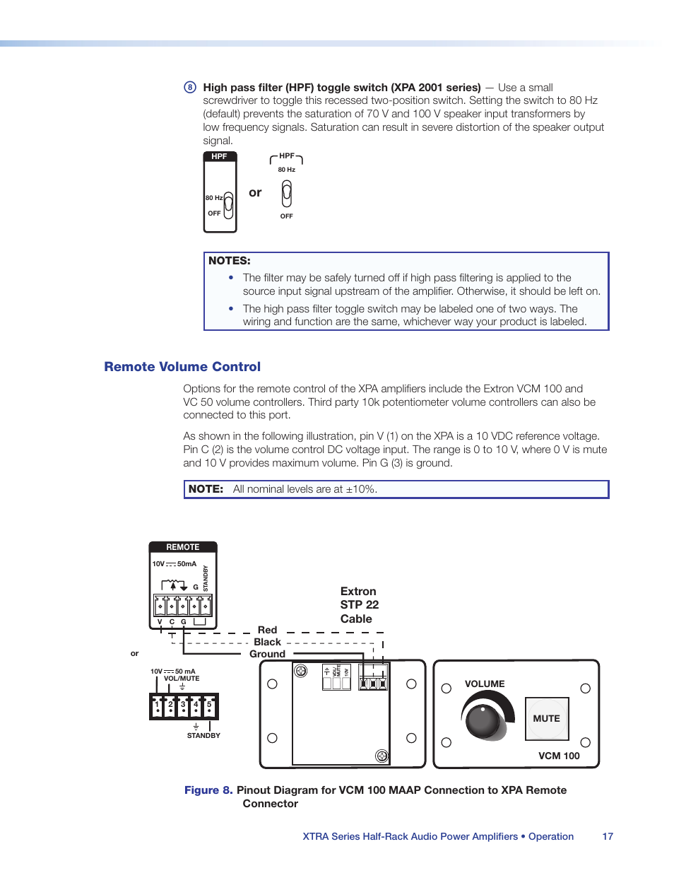 Remote volume control, Extron stp 22 cable | Extron Electronics XTRA Series User Manual | Page 23 / 28