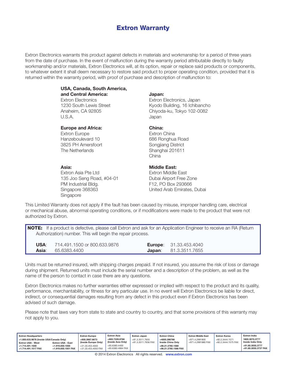 Extron warranty | Extron Electronics XTRA Series User Manual | Page 28 / 28