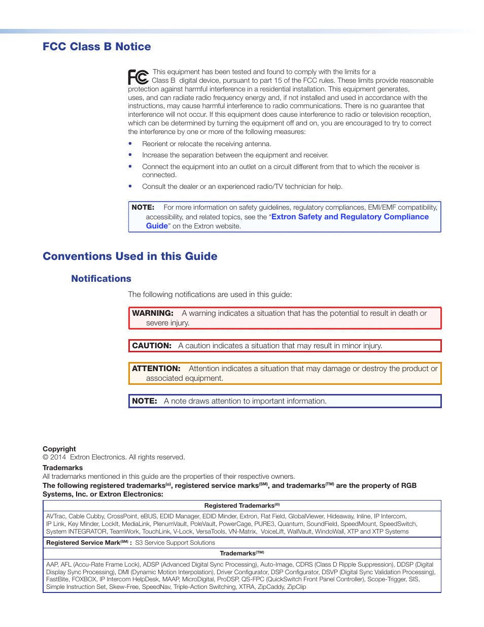 Fcc class b notice, Conventions used in this guide, Notifications | Extron Electronics XTRA Series User Manual | Page 3 / 28