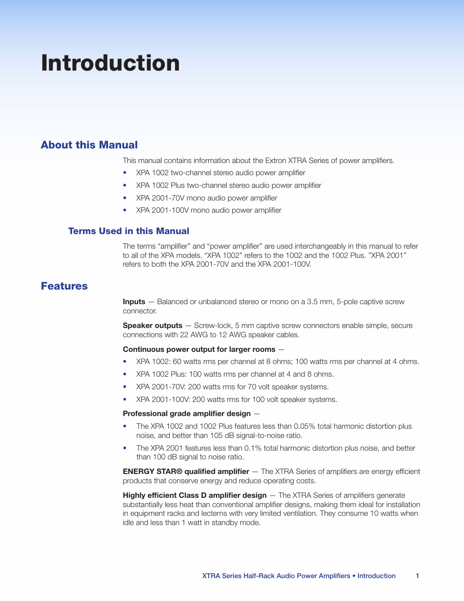 Introduction, About this manual, Terms used in this manual | Features | Extron Electronics XTRA Series User Manual | Page 7 / 28