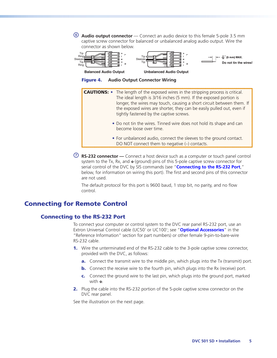 Connecting for remote control, Connecting to the rs-232 port | Extron Electronics DVC 501 SD User Guide User Manual | Page 11 / 38