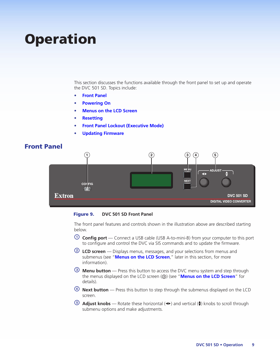 Operation, Front panel | Extron Electronics DVC 501 SD User Guide User Manual | Page 15 / 38