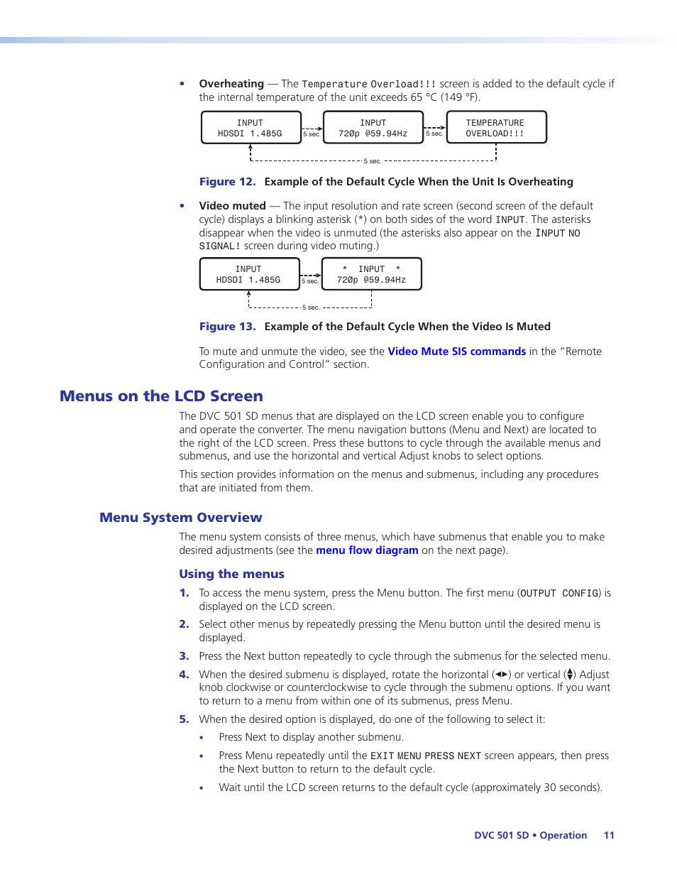 Menus on the lcd screen, Menu system overview, Ont panel menus (see | Menus on, The lcd screen, Submenus (see | Extron Electronics DVC 501 SD User Guide User Manual | Page 17 / 38