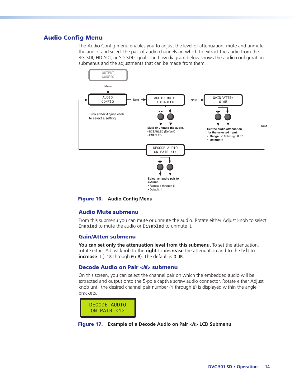 Audio config menu, Audio mute submenu, Gain/atten submenu | Decode audio on pair < n > submenu, Decode audio on pair <1 | Extron Electronics DVC 501 SD User Guide User Manual | Page 20 / 38