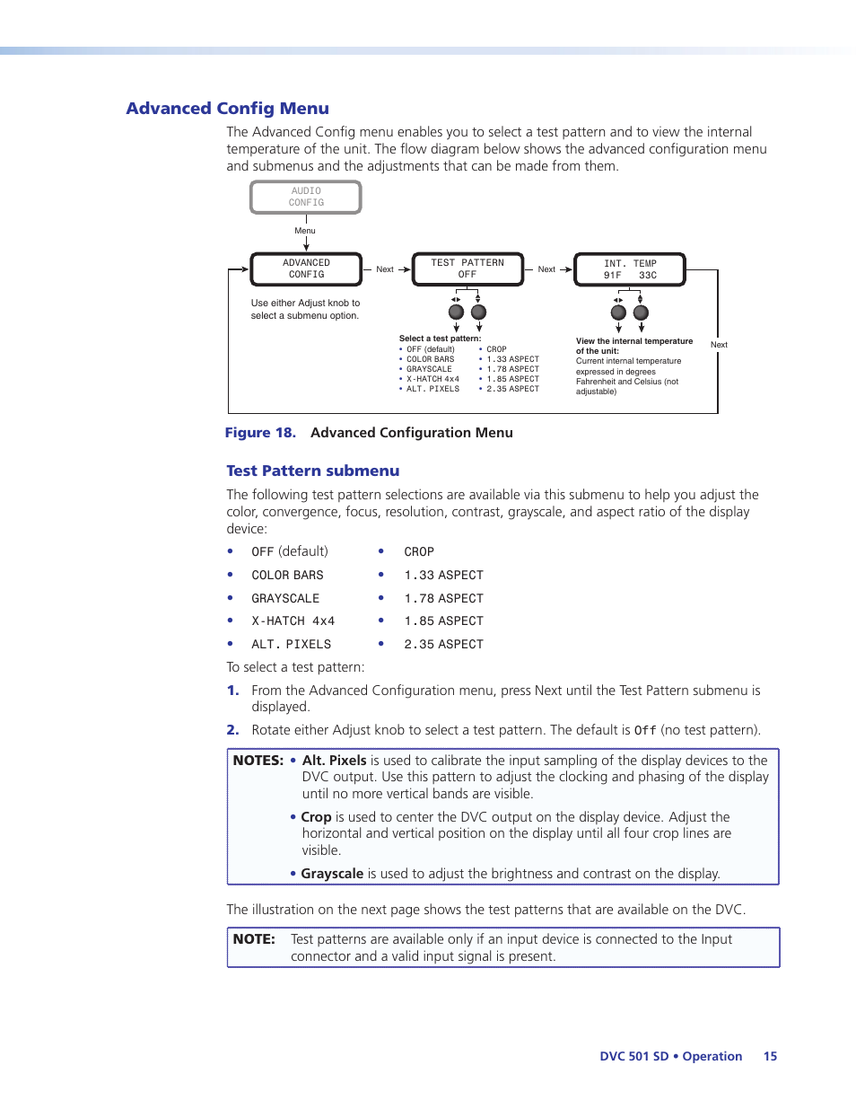 Advanced config menu, Test pattern submenu | Extron Electronics DVC 501 SD User Guide User Manual | Page 21 / 38