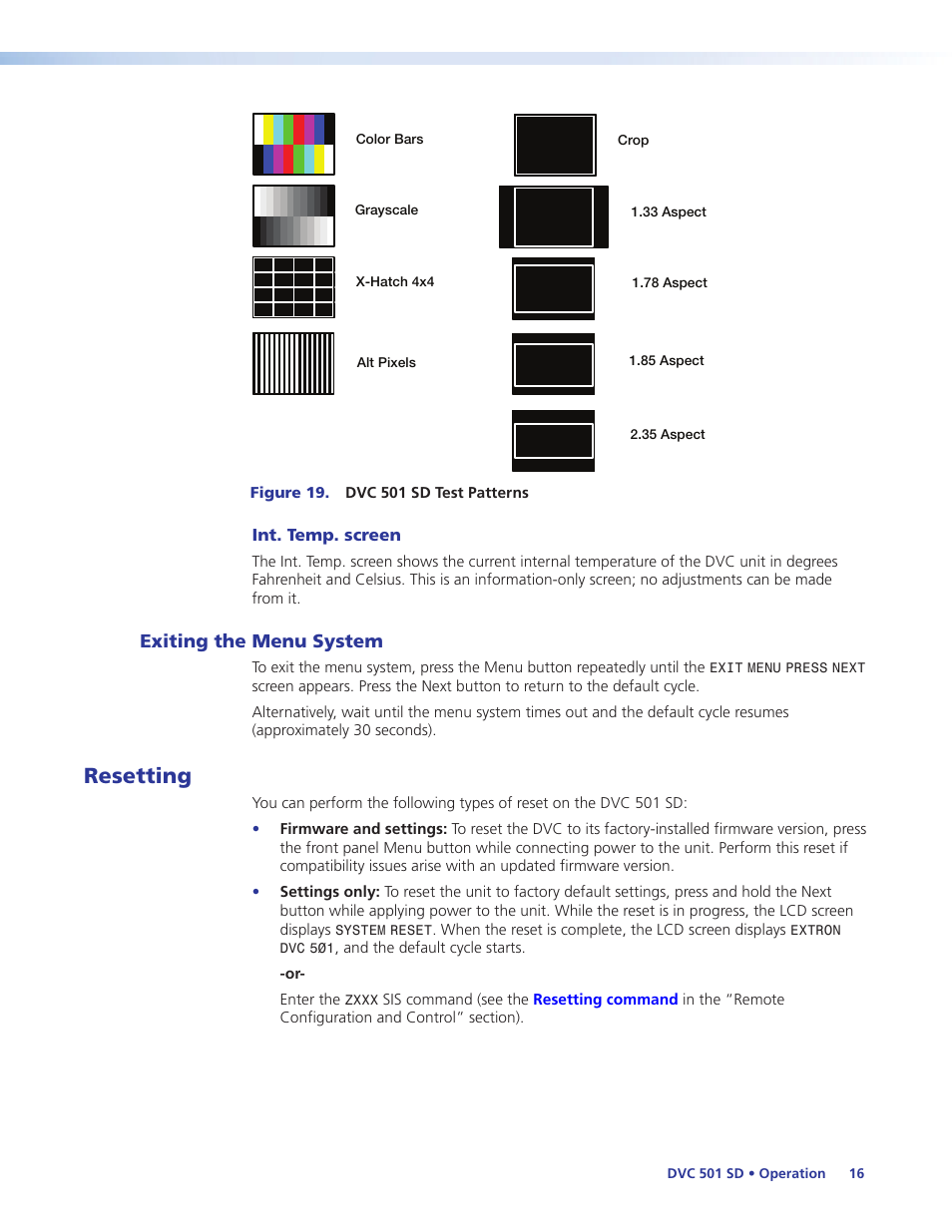 Exiting the menu system, Resetting | Extron Electronics DVC 501 SD User Guide User Manual | Page 22 / 38