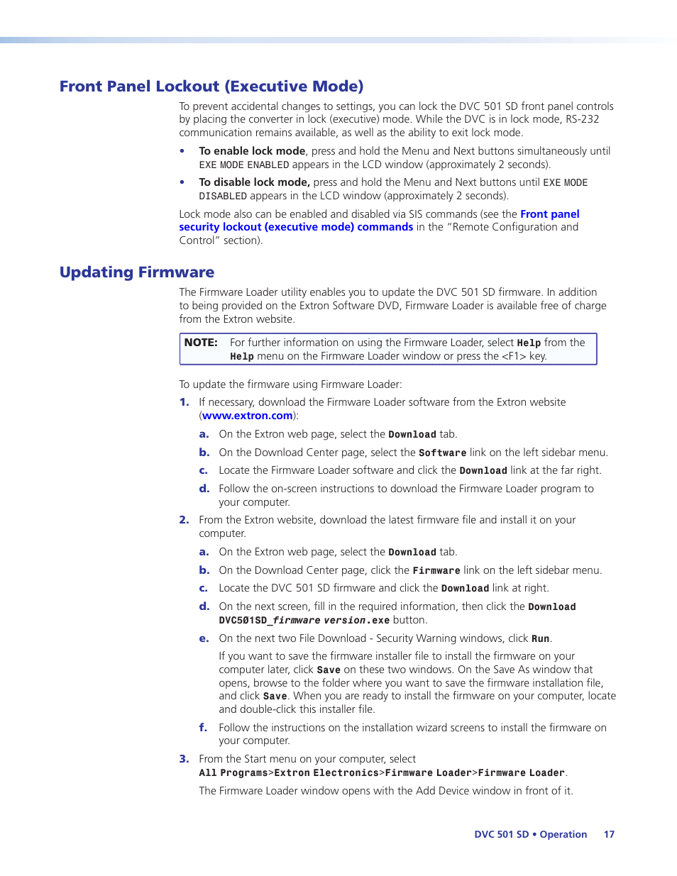 Front panel lockout (executive mode), Updating firmware | Extron Electronics DVC 501 SD User Guide User Manual | Page 23 / 38