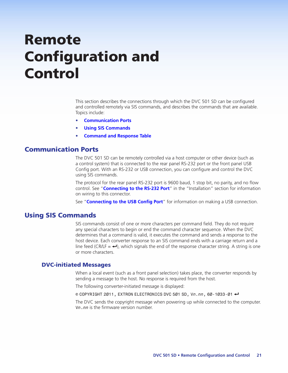 Remote configuration and control, Communication ports, Using sis commands | Dvc-initiated messages, Communication ports using sis commands, Remote, Configuration and control, Section) | Extron Electronics DVC 501 SD User Guide User Manual | Page 27 / 38