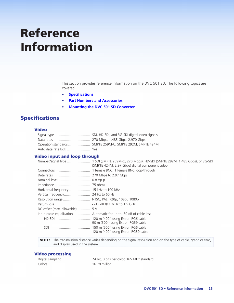 Reference information, Specifications | Extron Electronics DVC 501 SD User Guide User Manual | Page 32 / 38