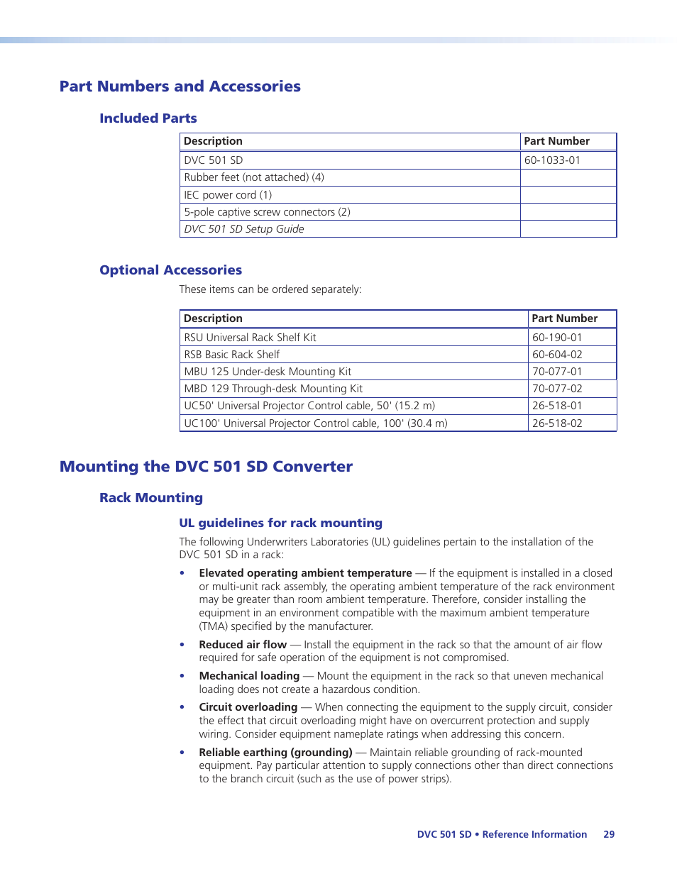 Part numbers and accessories, Included parts, Optional accessories | Mounting the dvc 501 sd converter, Rack mounting, Included parts optional accessories, Mounting the, Dvc 501 sd converter, In the “refer, Ol cable (uc50' or uc100'; see | Extron Electronics DVC 501 SD User Guide User Manual | Page 35 / 38