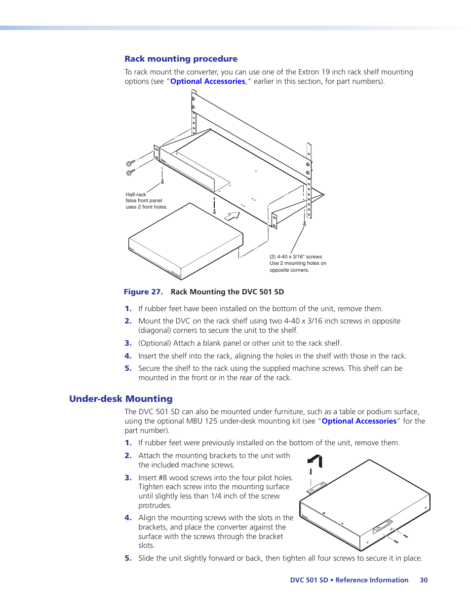 Under-desk mounting, Rack mounting procedure | Extron Electronics DVC 501 SD User Guide User Manual | Page 36 / 38