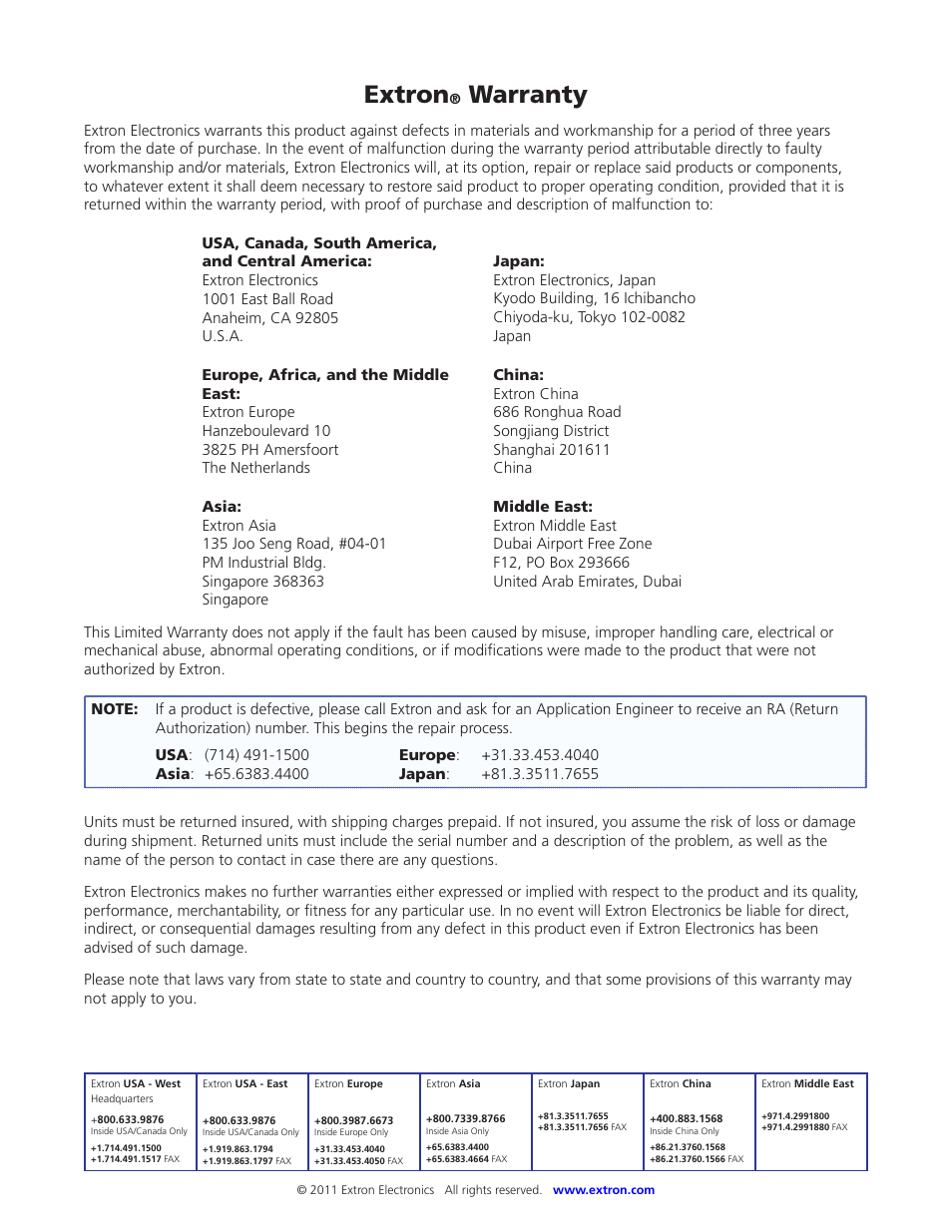 Warranty, Contact information, Extron | Extron Electronics DVC 501 SD User Guide User Manual | Page 38 / 38