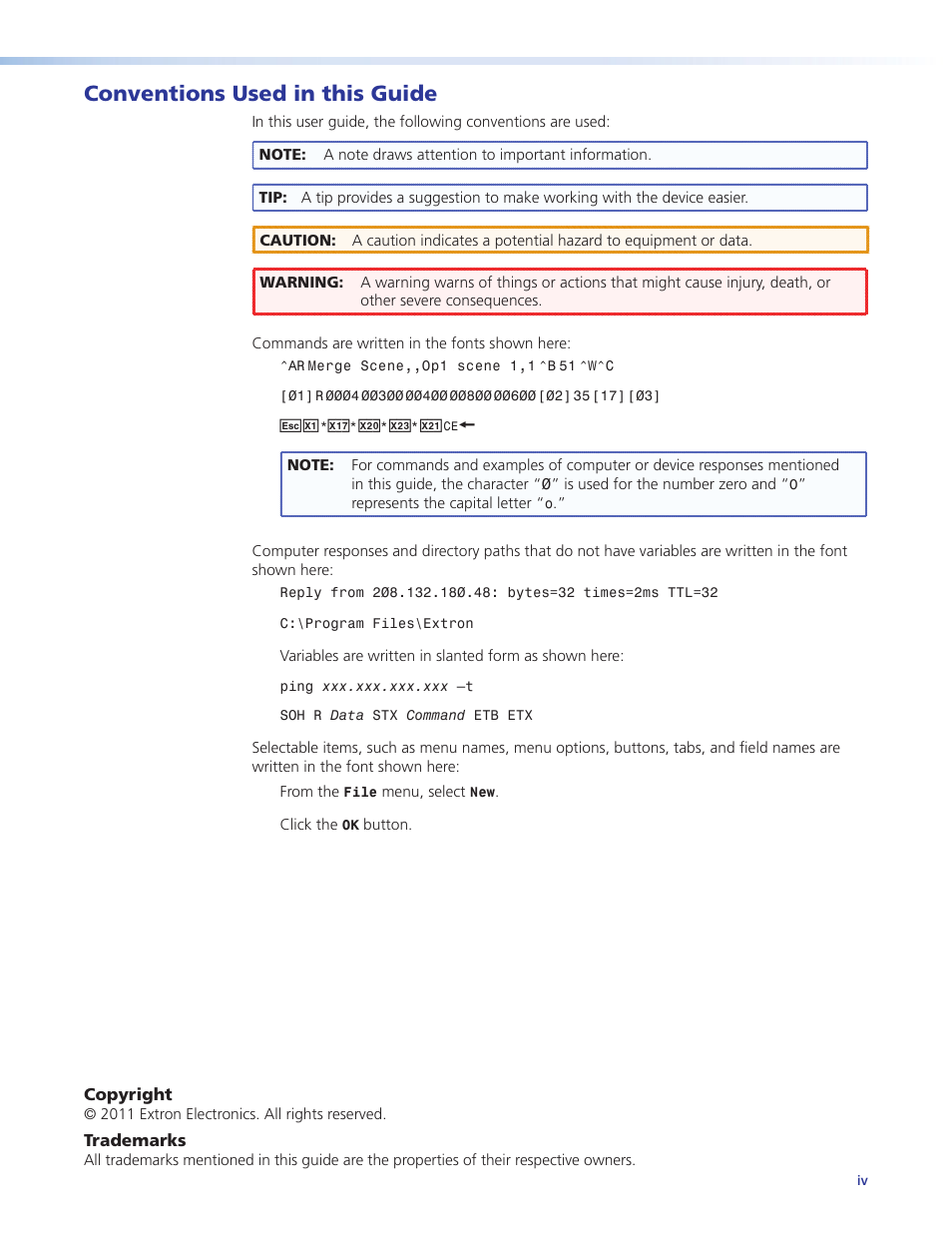 Conventions used in this guide | Extron Electronics DVC 501 SD User Guide User Manual | Page 4 / 38