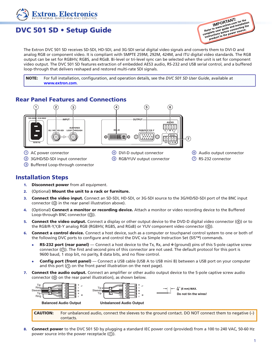 Extron Electronics DVC 501 SD Setup Guide User Manual | 2 pages