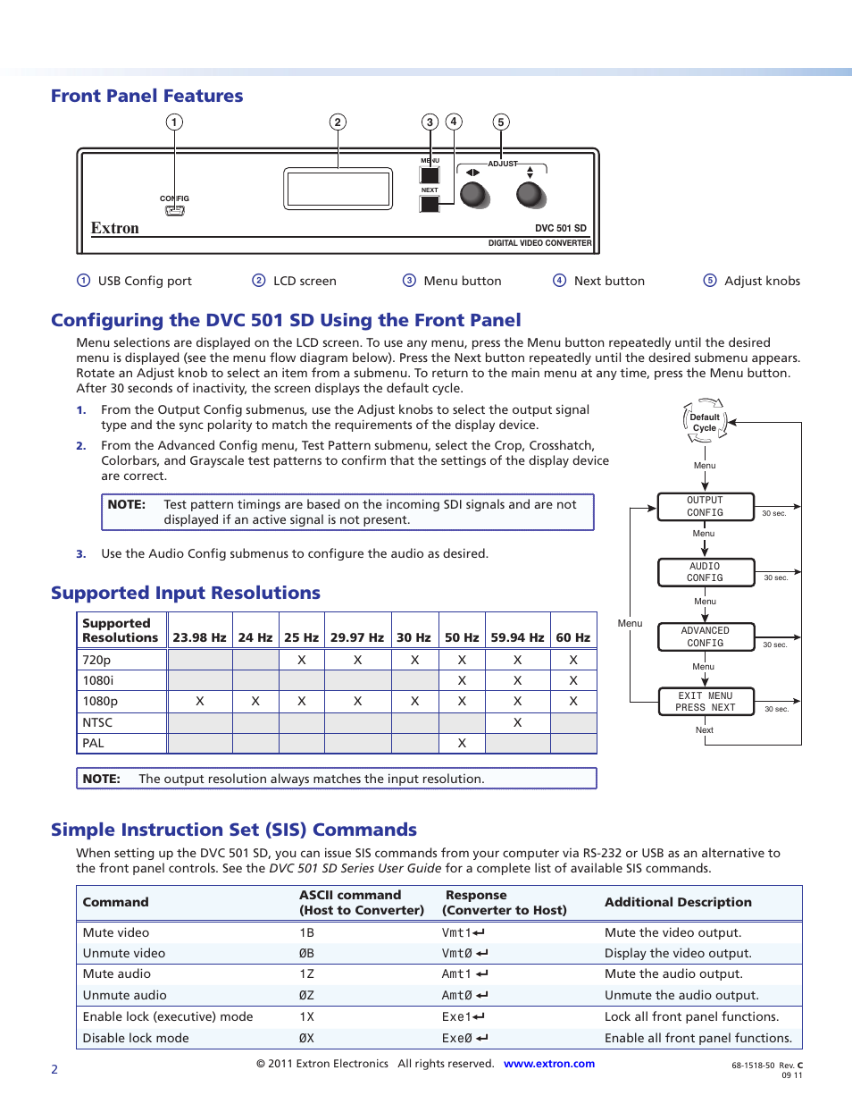Front panel features, Configuring the dvc 501 sd using the front panel, Supported input resolutions | Simple instruction set (sis) commands, Extron | Extron Electronics DVC 501 SD Setup Guide User Manual | Page 2 / 2