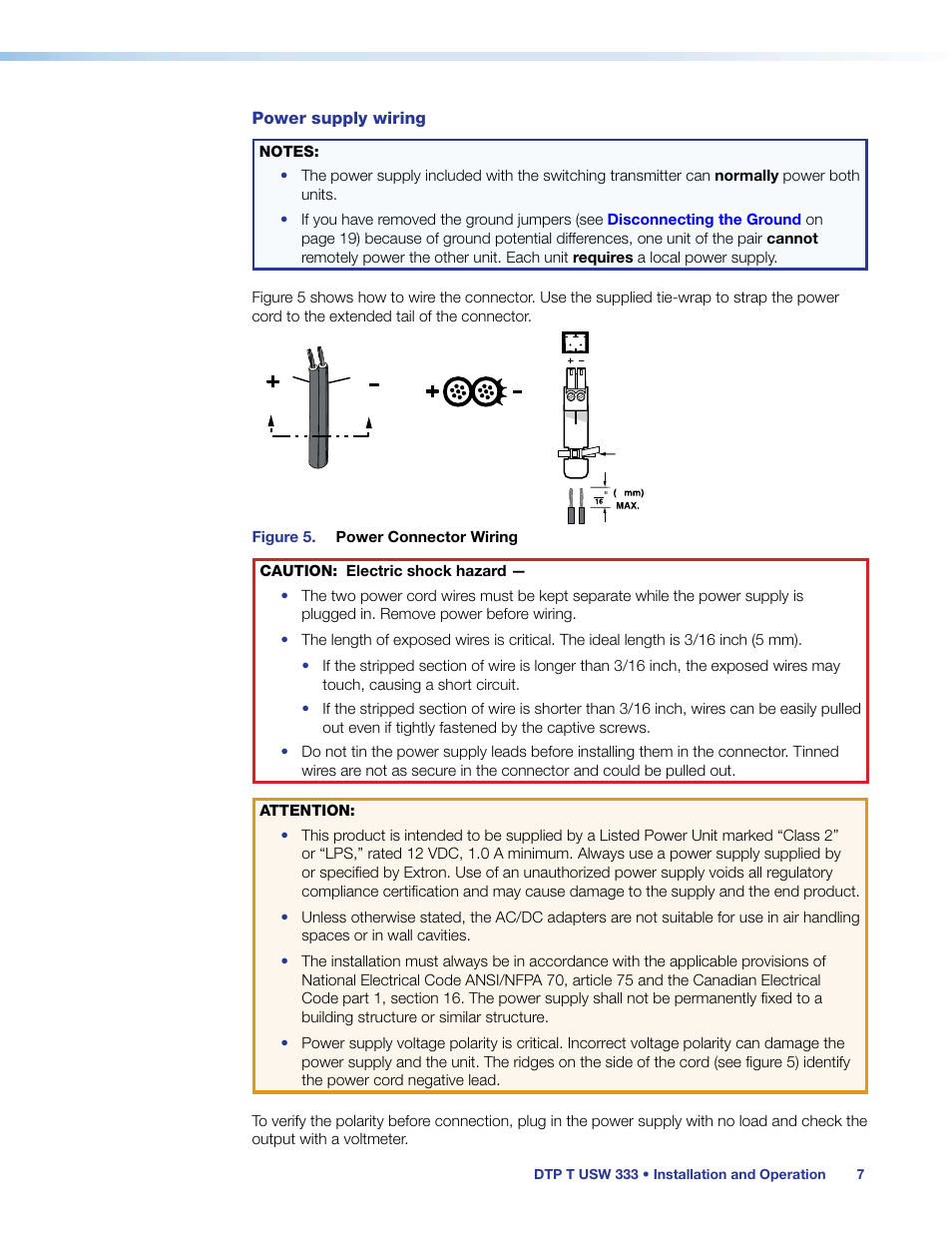 Power supply wiring | Extron Electronics DTP T USW 333 User Guide User Manual | Page 12 / 26