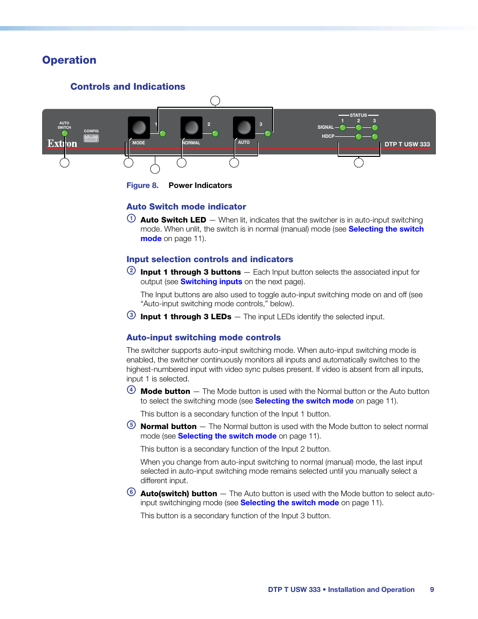 Operation, Controls and indications | Extron Electronics DTP T USW 333 User Guide User Manual | Page 14 / 26