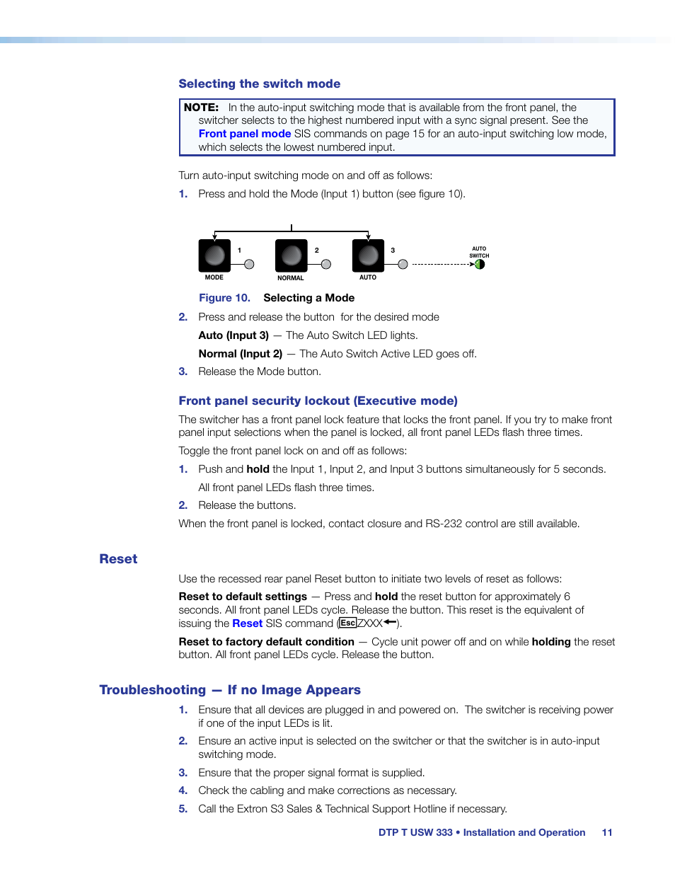 Reset, Troubleshooting — if no image appears, Reset troubleshooting — if no image appears | Selecting the, Switch mode, Running or while you power up the switcher (see, Selecting the switch, Mode, To select the switching mode (see, Selecting the switch mode | Extron Electronics DTP T USW 333 User Guide User Manual | Page 16 / 26