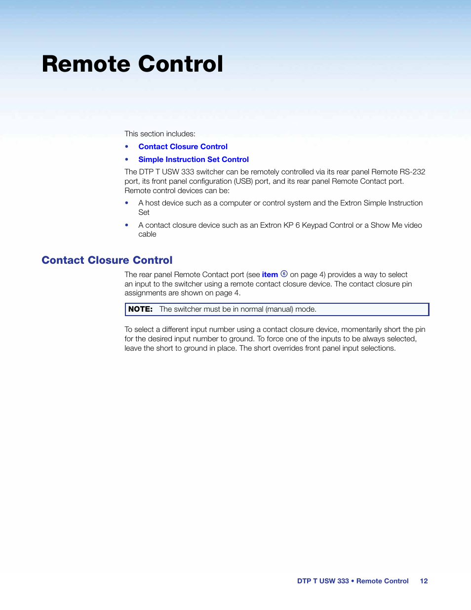 Remote control, Contact closure control | Extron Electronics DTP T USW 333 User Guide User Manual | Page 17 / 26