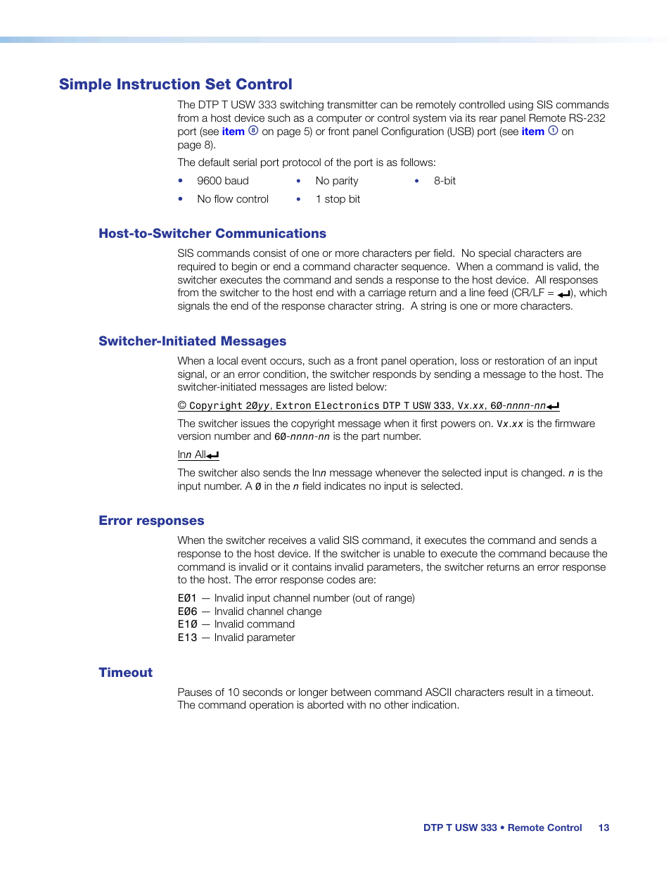 Simple instruction set control, Host-to-switcher communications, Switcher-initiated messages | Error responses, Timeout | Extron Electronics DTP T USW 333 User Guide User Manual | Page 18 / 26
