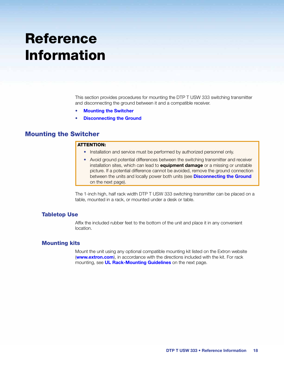 Reference information, Mounting the switcher, Tabletop use | Mounting kits, Tabletop use mounting kits, Mounting instructions can be found in | Extron Electronics DTP T USW 333 User Guide User Manual | Page 23 / 26